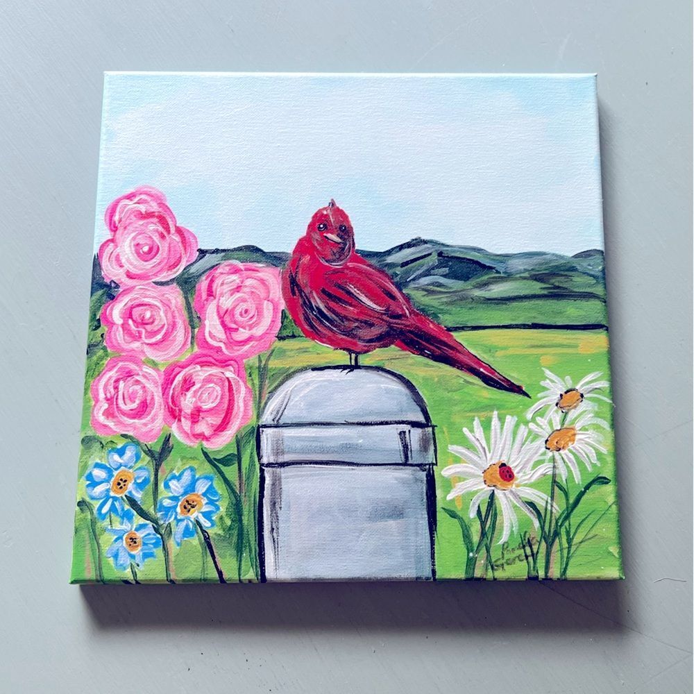 Cardinal On A Fence Post Hand Painted 12 x 12 Canvas Mounted On Frame.